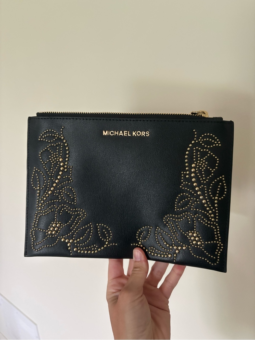 Michael Kors Black Wristlet Pouch with Gold Stud Floral Design